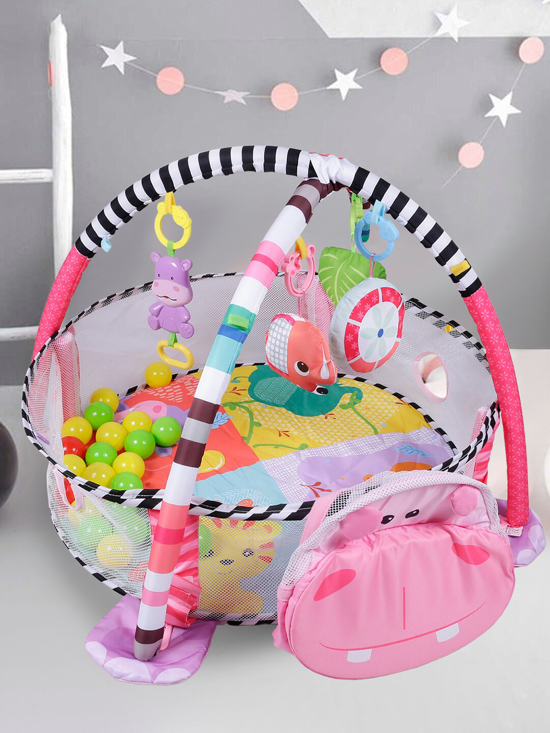 Baby Pink Moo Hippo Infant Play Mat Activity Gym With Hanging Toys And Balls