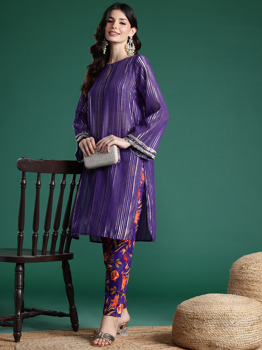 Sangria Striped Thread-Work Lurex Kurta with Trousers & Top