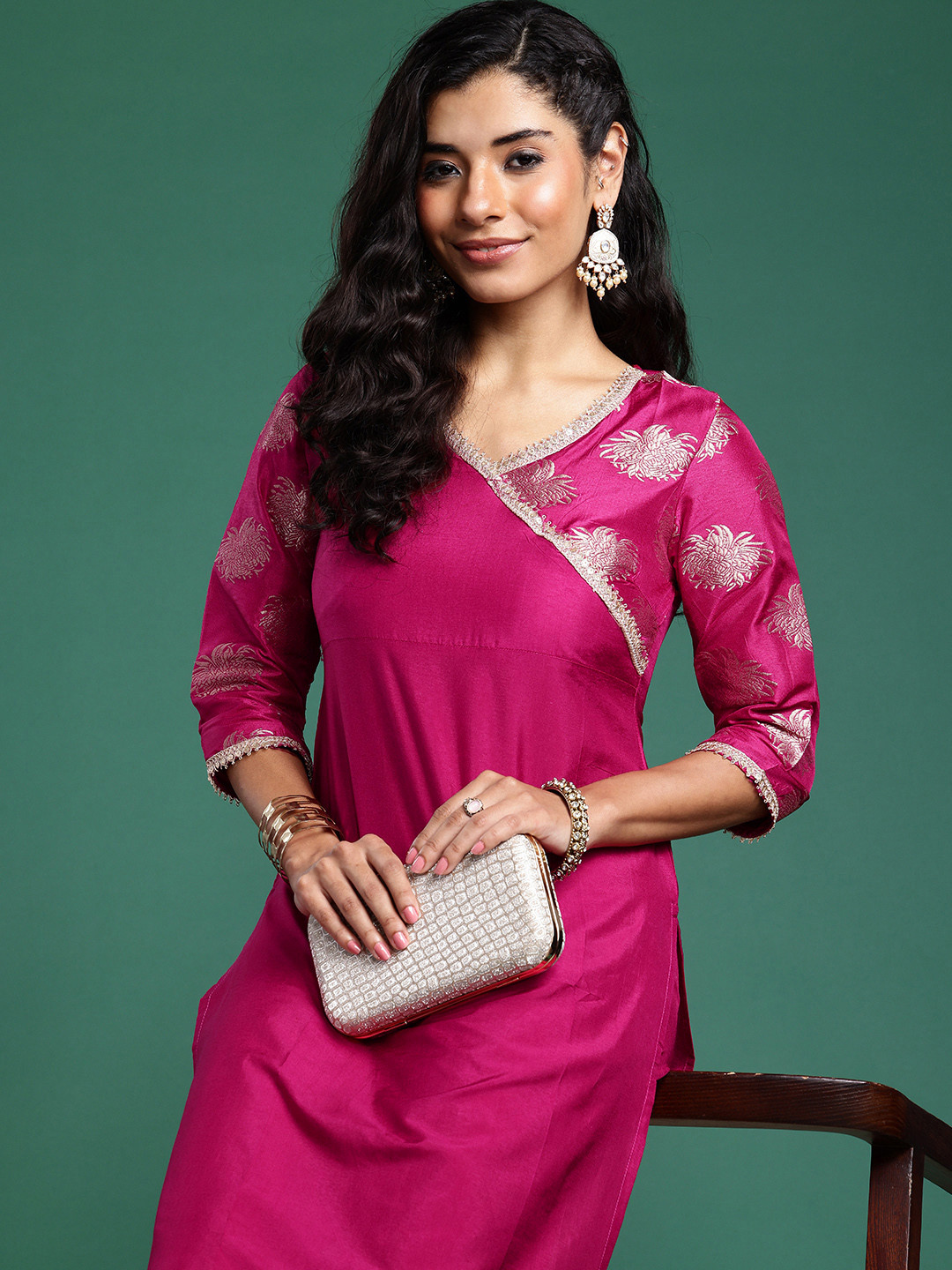 Sangria Brocade Floral Woven Design V-Neck Angrakha Kurta with Trousers