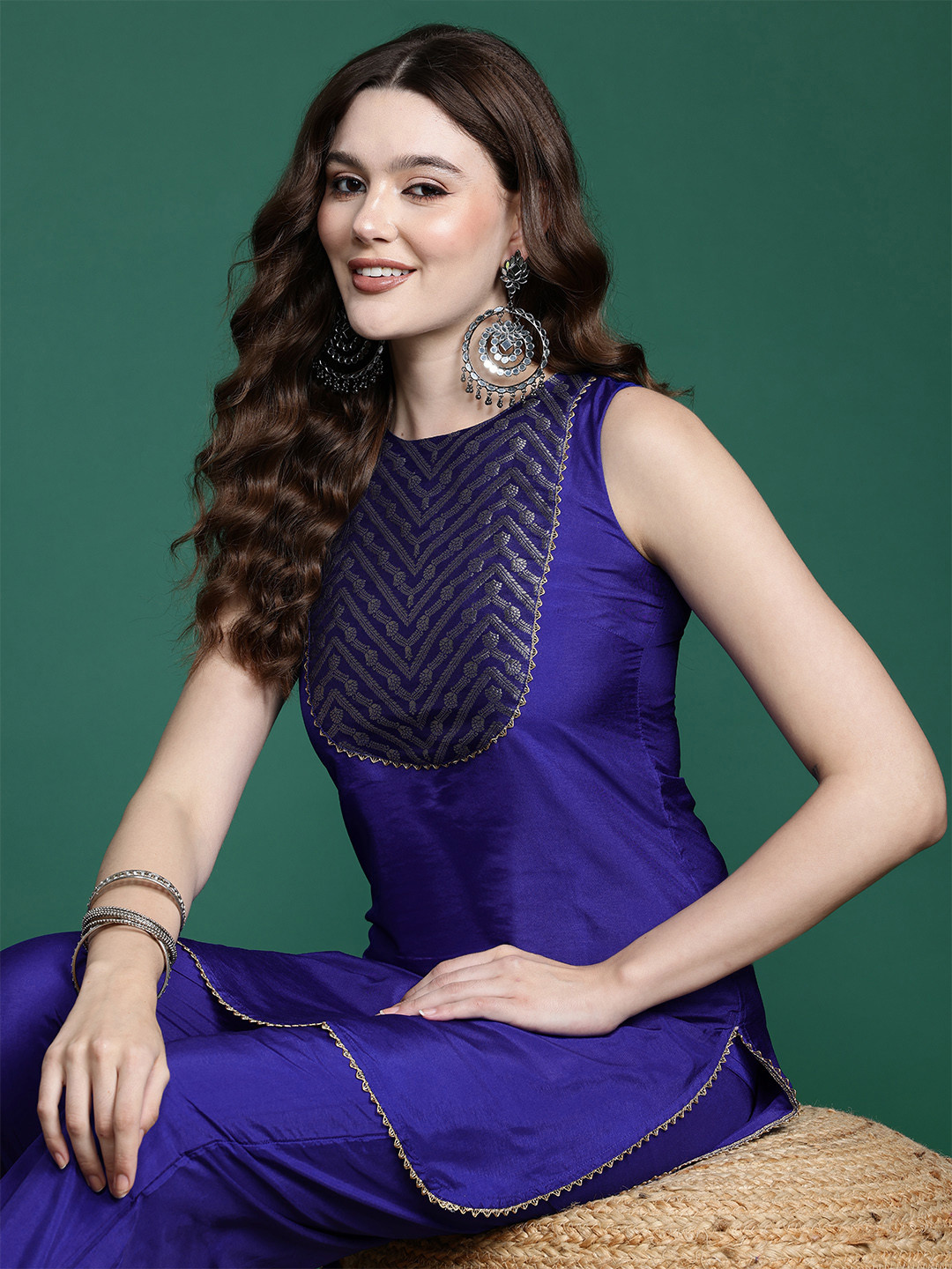 Sangria Yoke Embroidered Gotta Patti Detail Sleeveless Kurta & Salwar Set