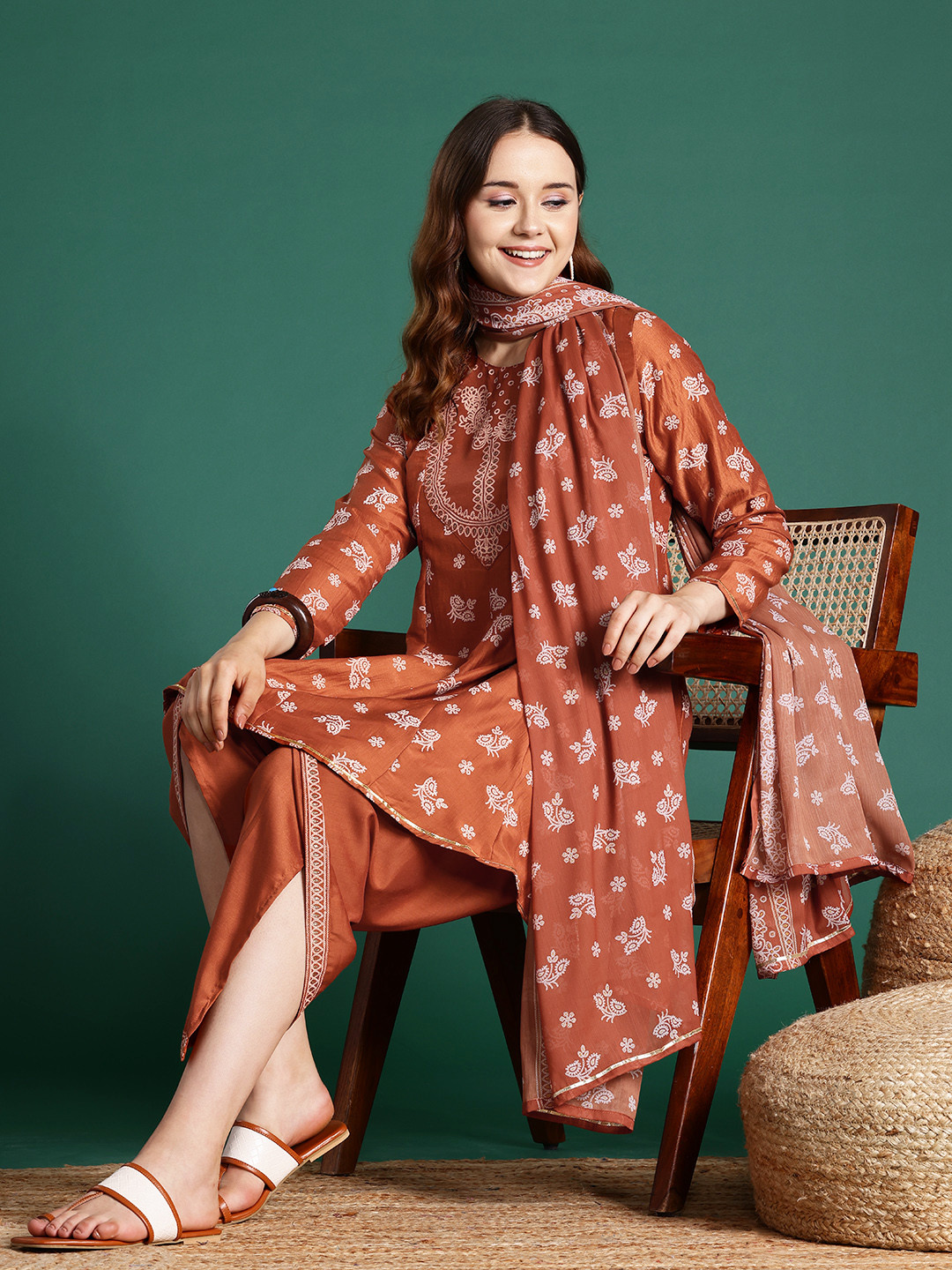 Sangria Women Floral Printed Gota Patti Detail Kurta with Dhoti Style Trousers