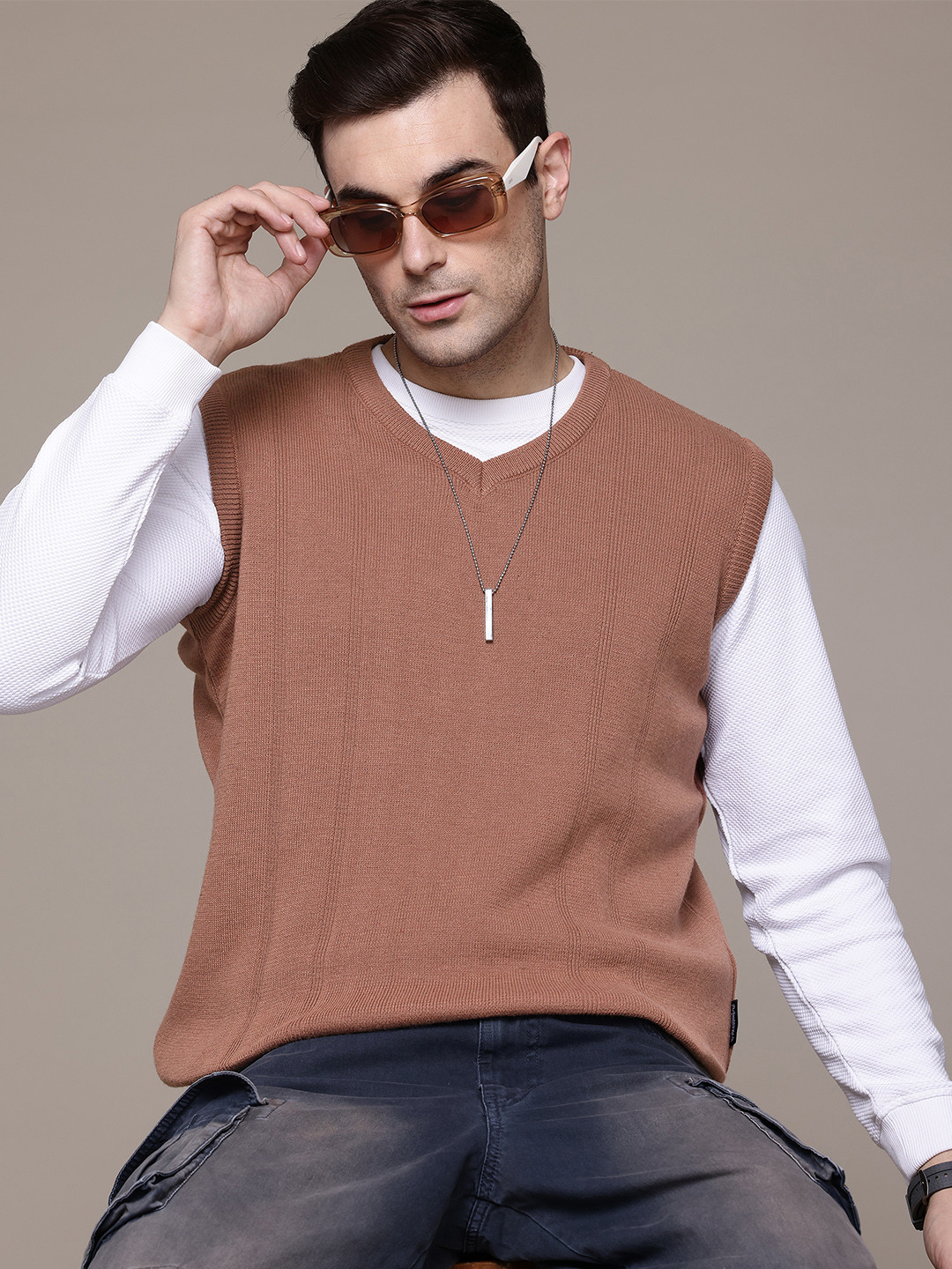 The Roadster Lifestyle Co. Self-Striped Knitted Sweater Vest