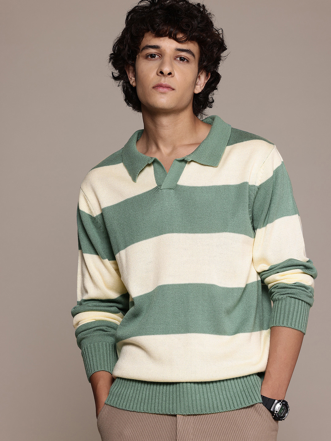 The Roadster Lifestyle Co. Spread Collar Acrylic Striped Pullover