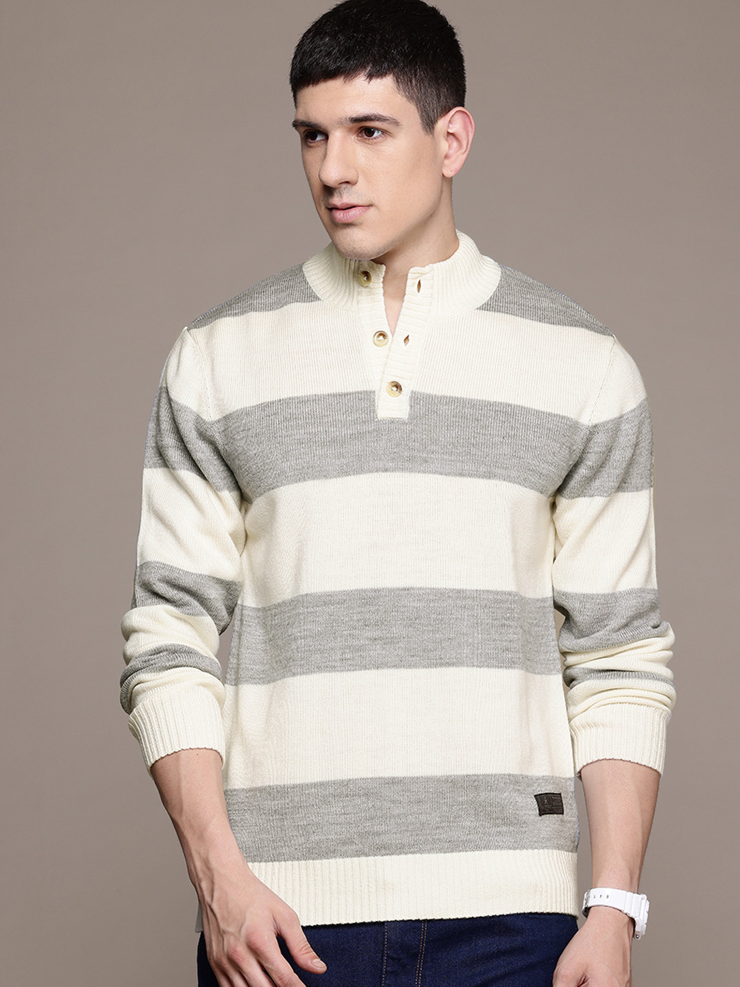 The Roadster Lifestyle Co. Striped Pullover with Henley Neck