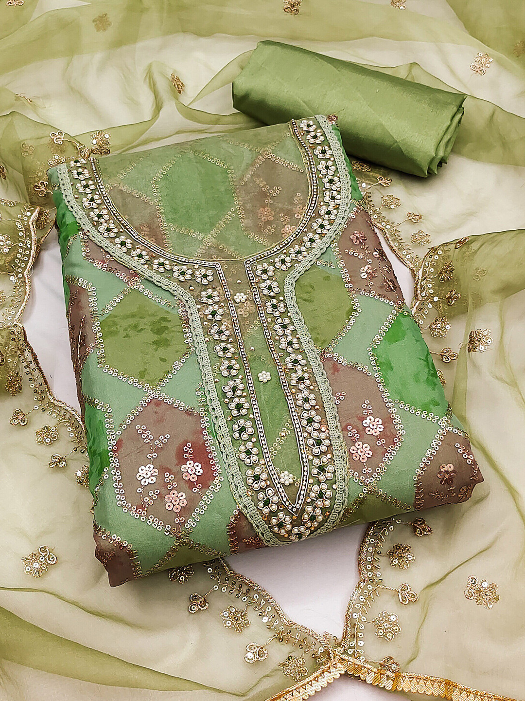 KALINI Embellished Organza Unstitched Dress Material