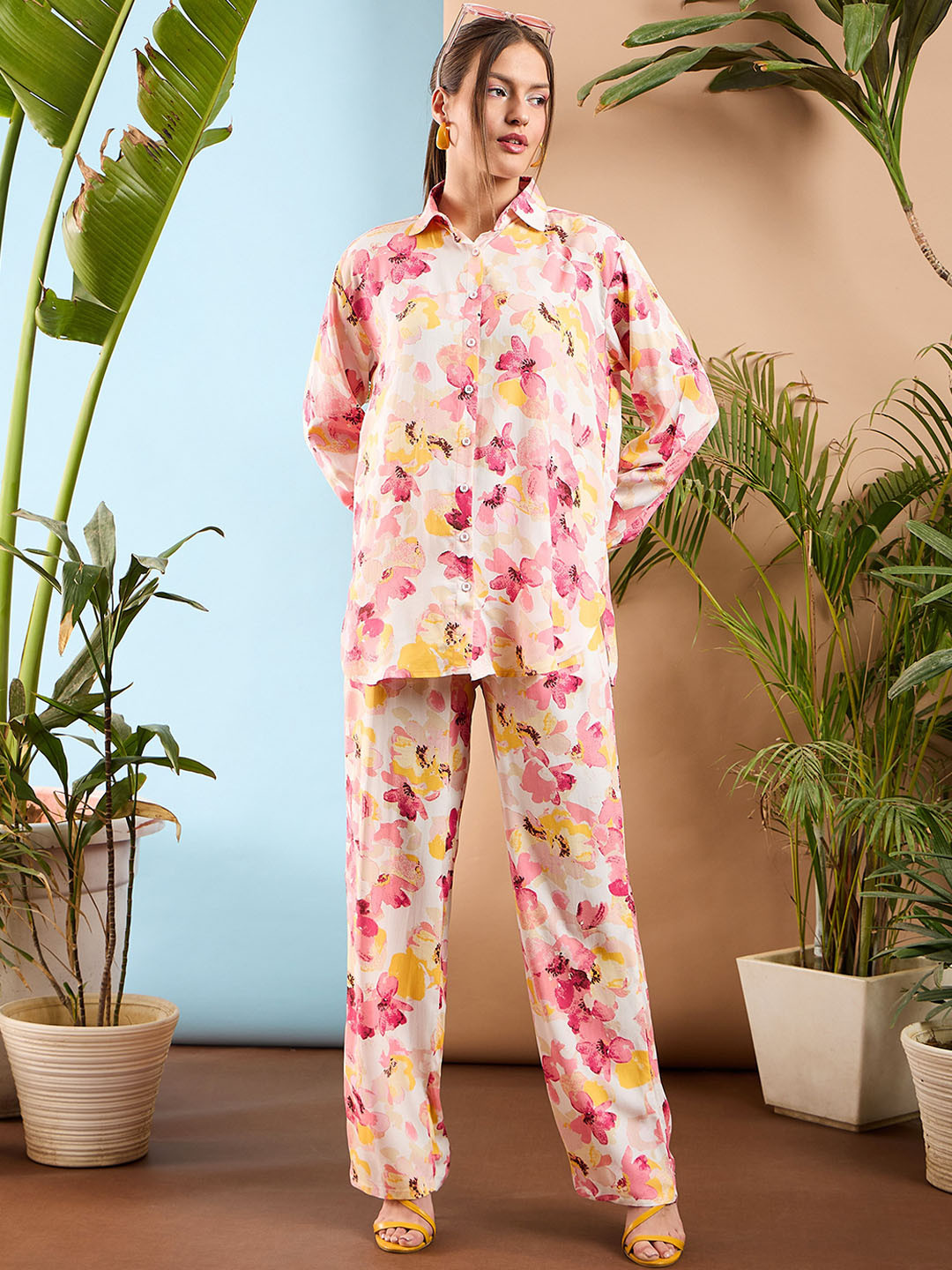 SASSAFRAS Pink Floral Printed Oversize Shirt & Trousers