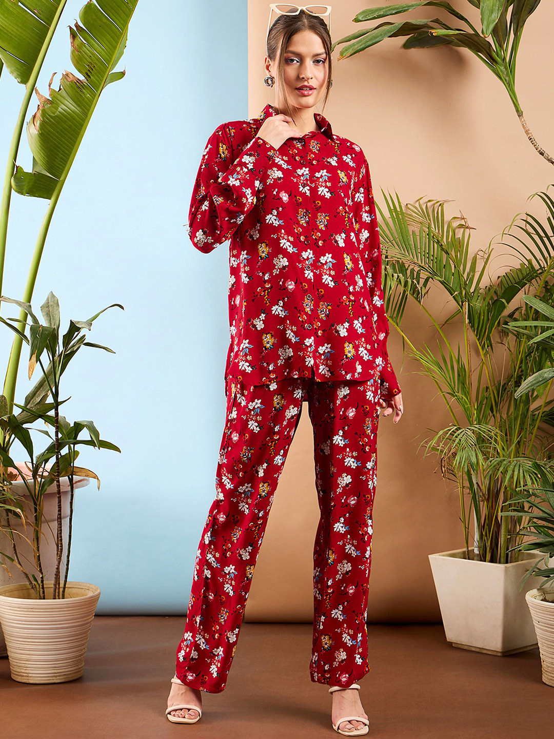 SASSAFRAS Red Floral Printed Oversize Shirt With Trousers
