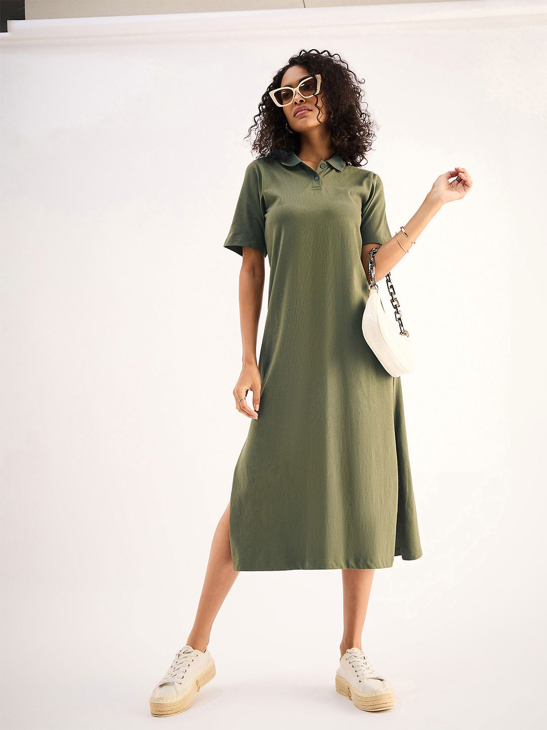 SASSAFRAS BASICS Olive Green Shirt Collar Oversized Cotton Midi A-Line Dress