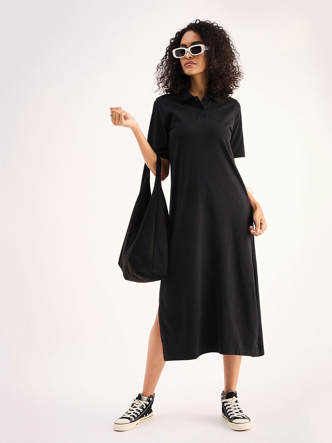 SASSAFRAS BASICS Polo Collar Short Sleeves Oversized Tshirt Midi Dress
