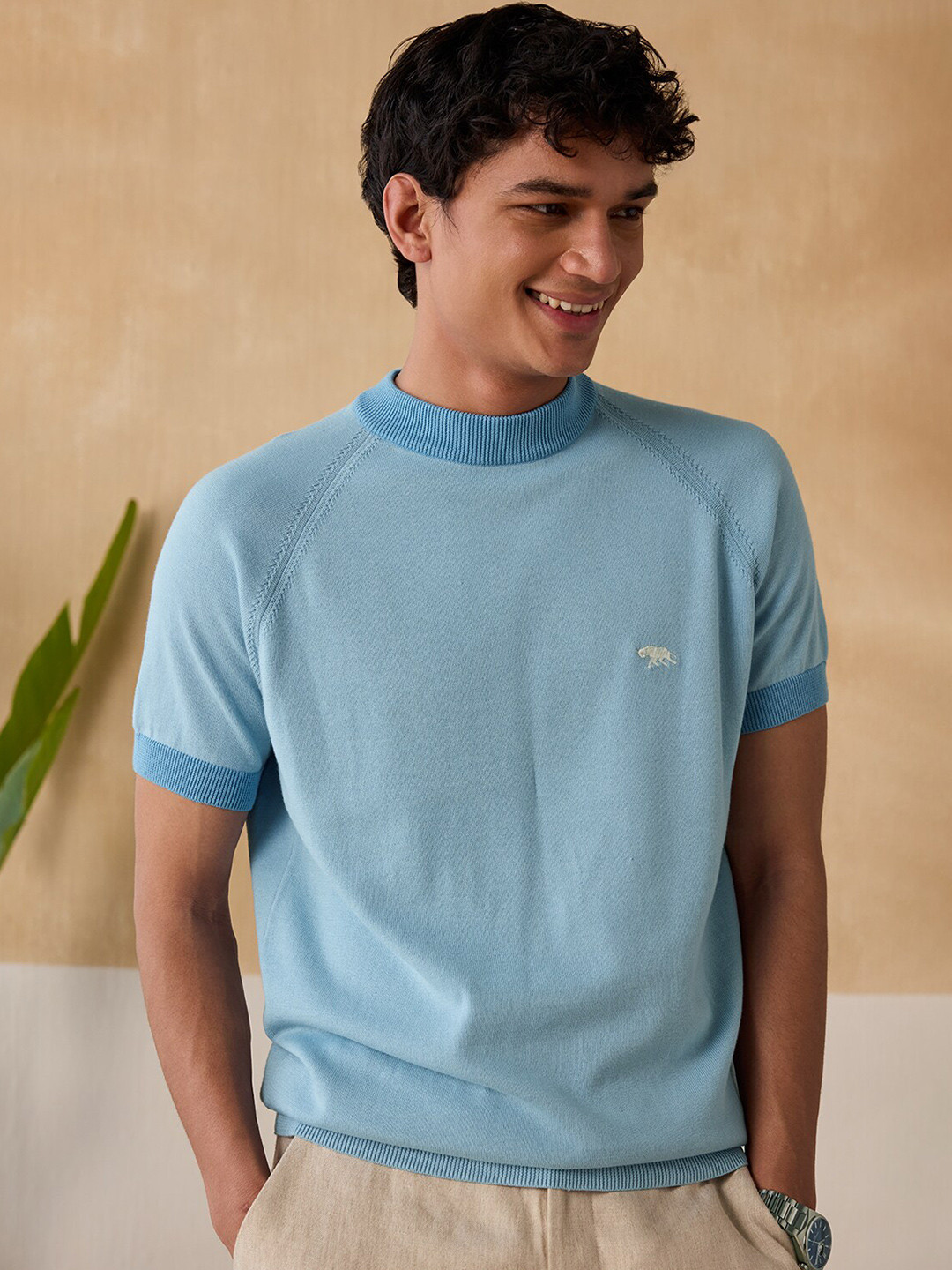 Andamen Knitted High Neck Raglan Sleeves Cotton Casual T-shirt