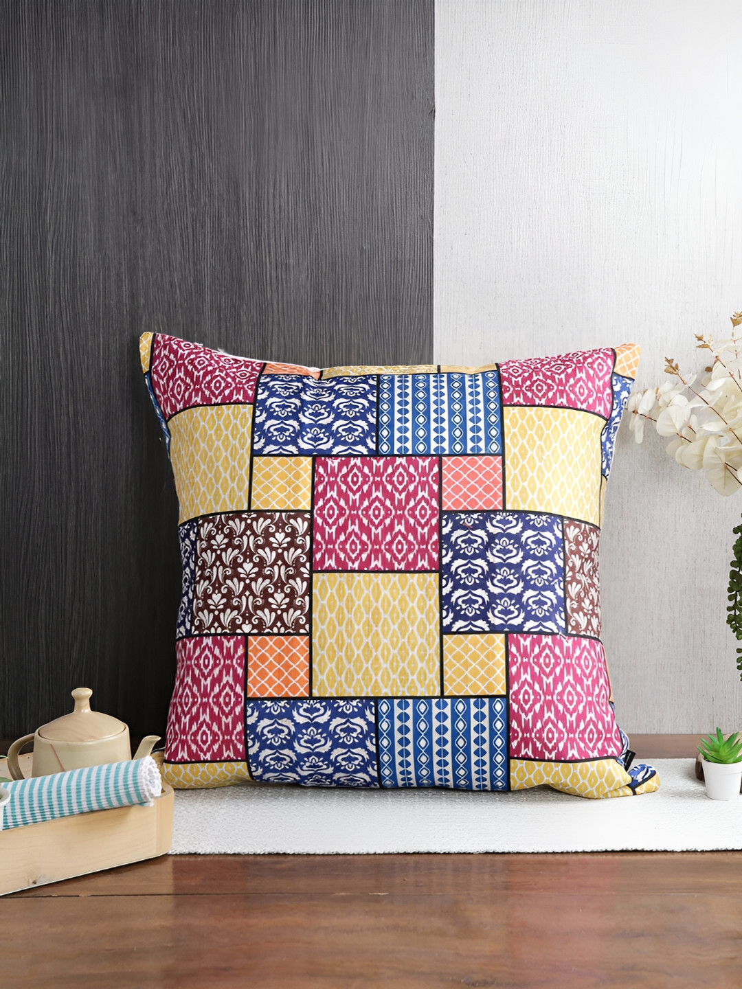 Aura Blue Self Design Chenille Blend Washable 2 Piece Square Cushion Covers -24x24In