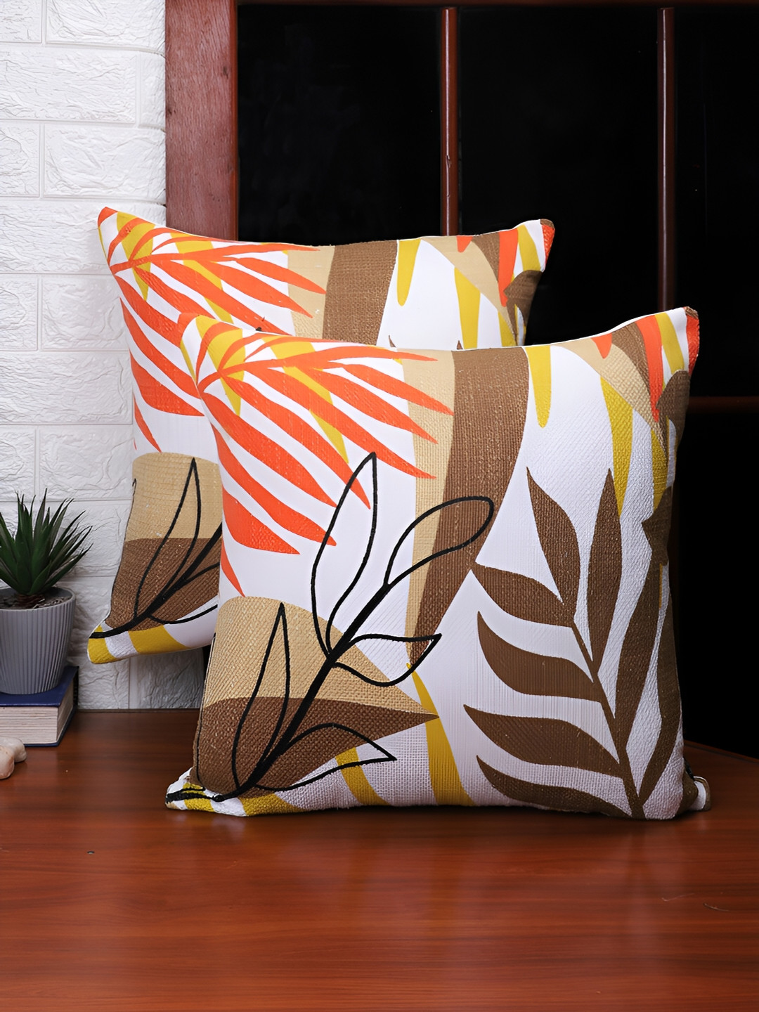Aura Rust Leaf Polycotton Lightweight 2 Piece Square Cushion Covers -18x18In