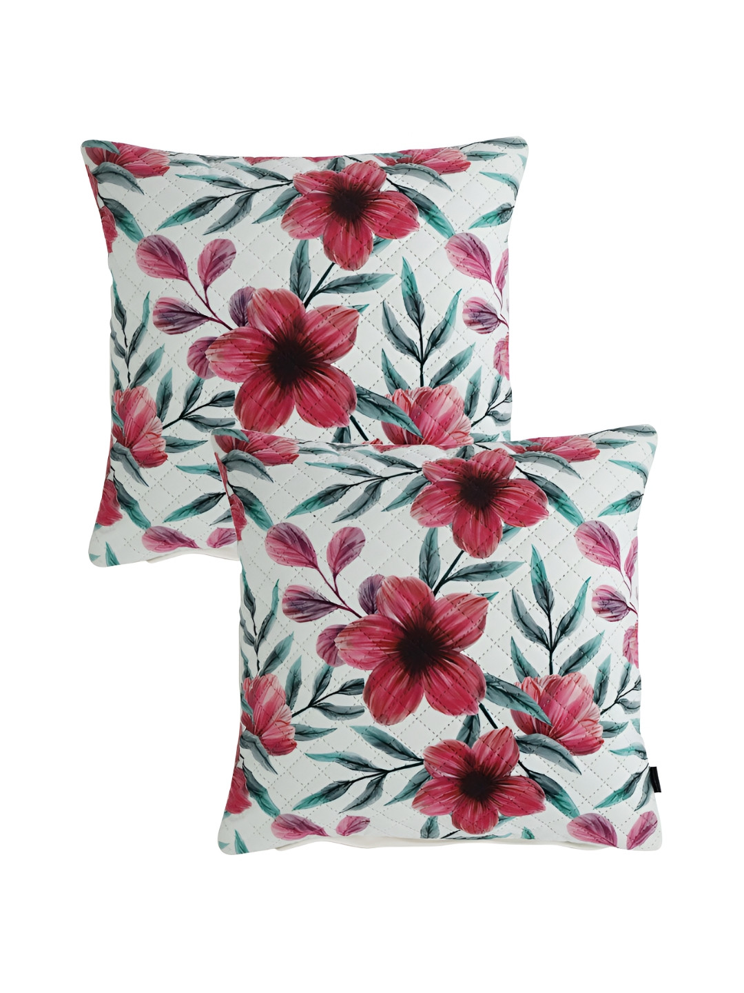 Aura Red & White 2Pcs Floral Velvet Square Cushion Covers