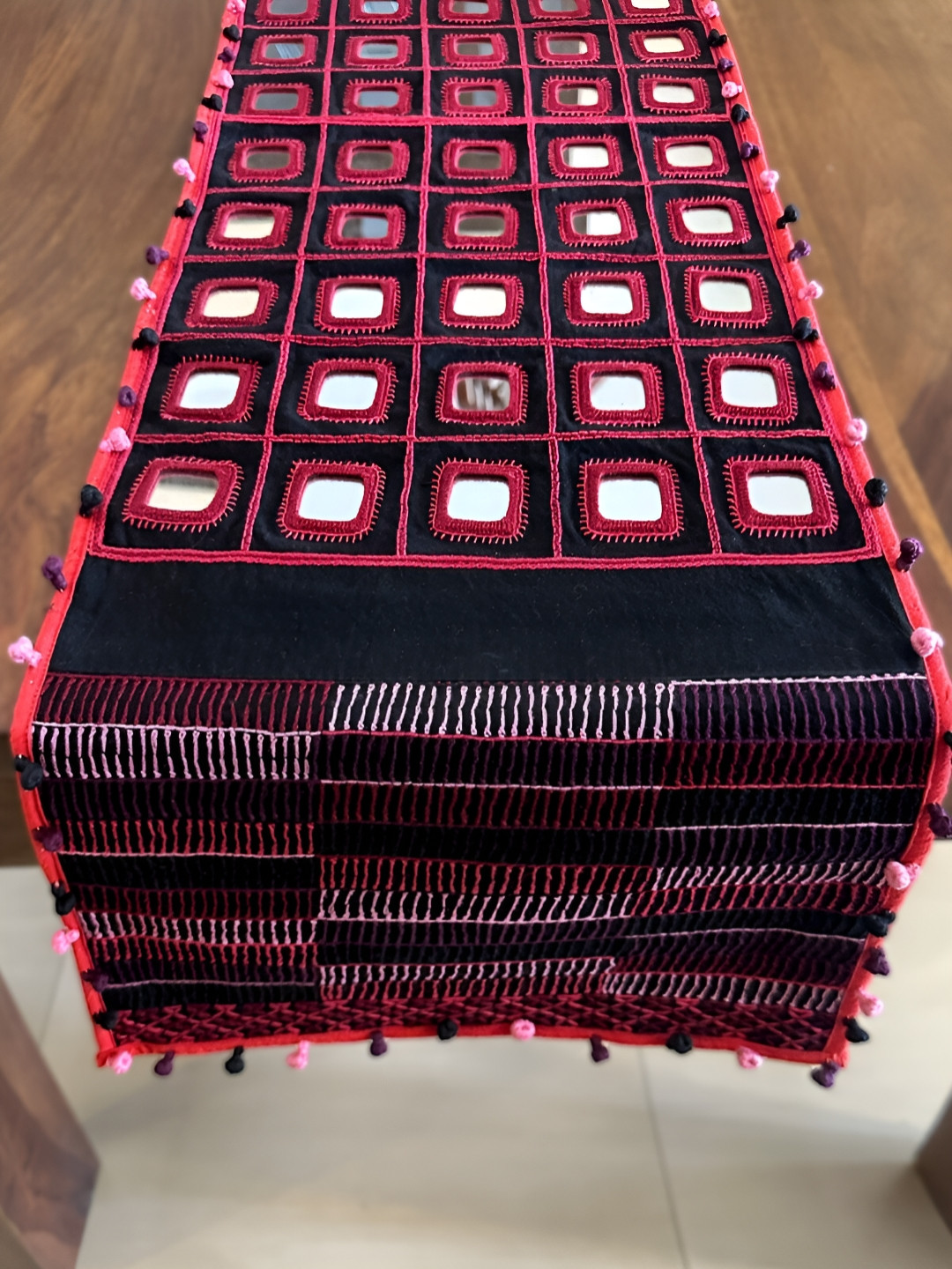 Peepul Tree Black & Red Embroidered Pure Cotton Table Runner