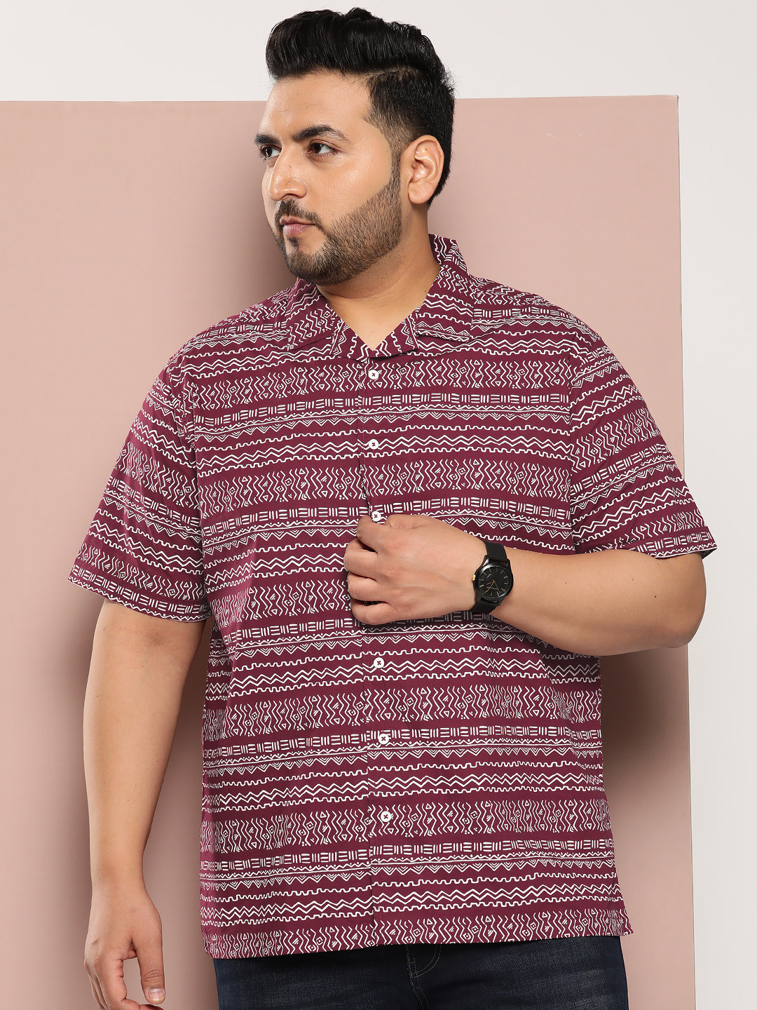 Sztori Men Plus Size Comfort Printed Cuban Collar Pure Cotton Casual Shirt