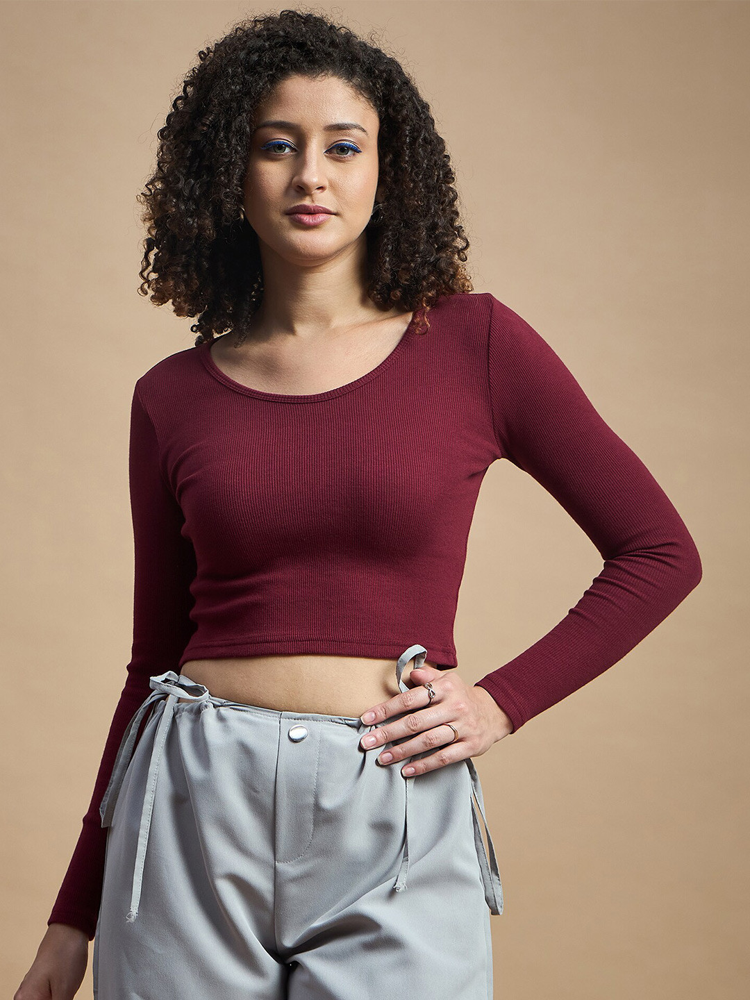 The Roadster Life style Co. Maroon Long Sleeved Crop Top