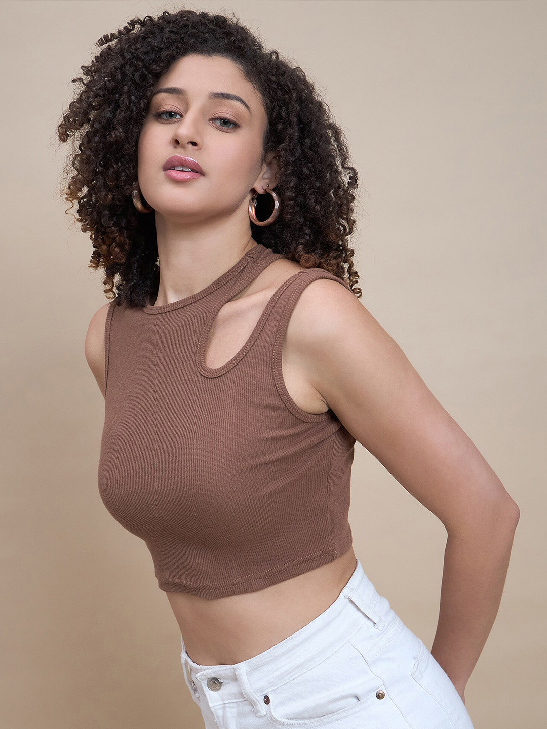 The Roadster Lifestyle Co. Brown Sleeveless Cropped Top