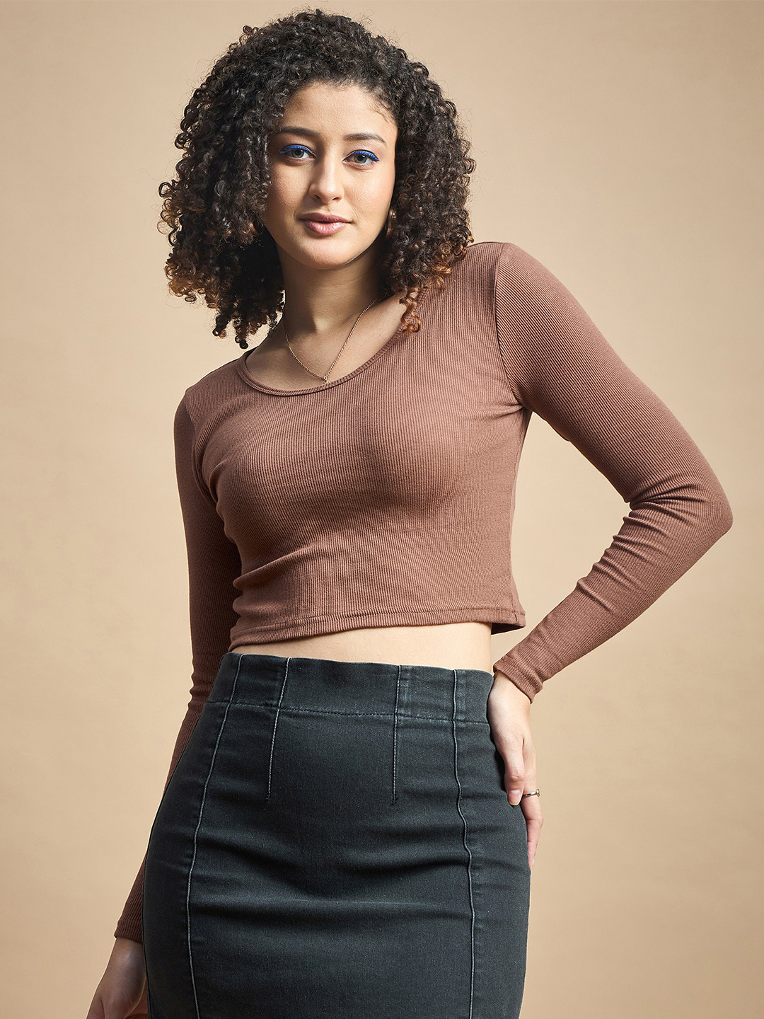 The Roadster Lifestyle Co. Brown Long Sleeve Shirt Collar Neck Crop Top