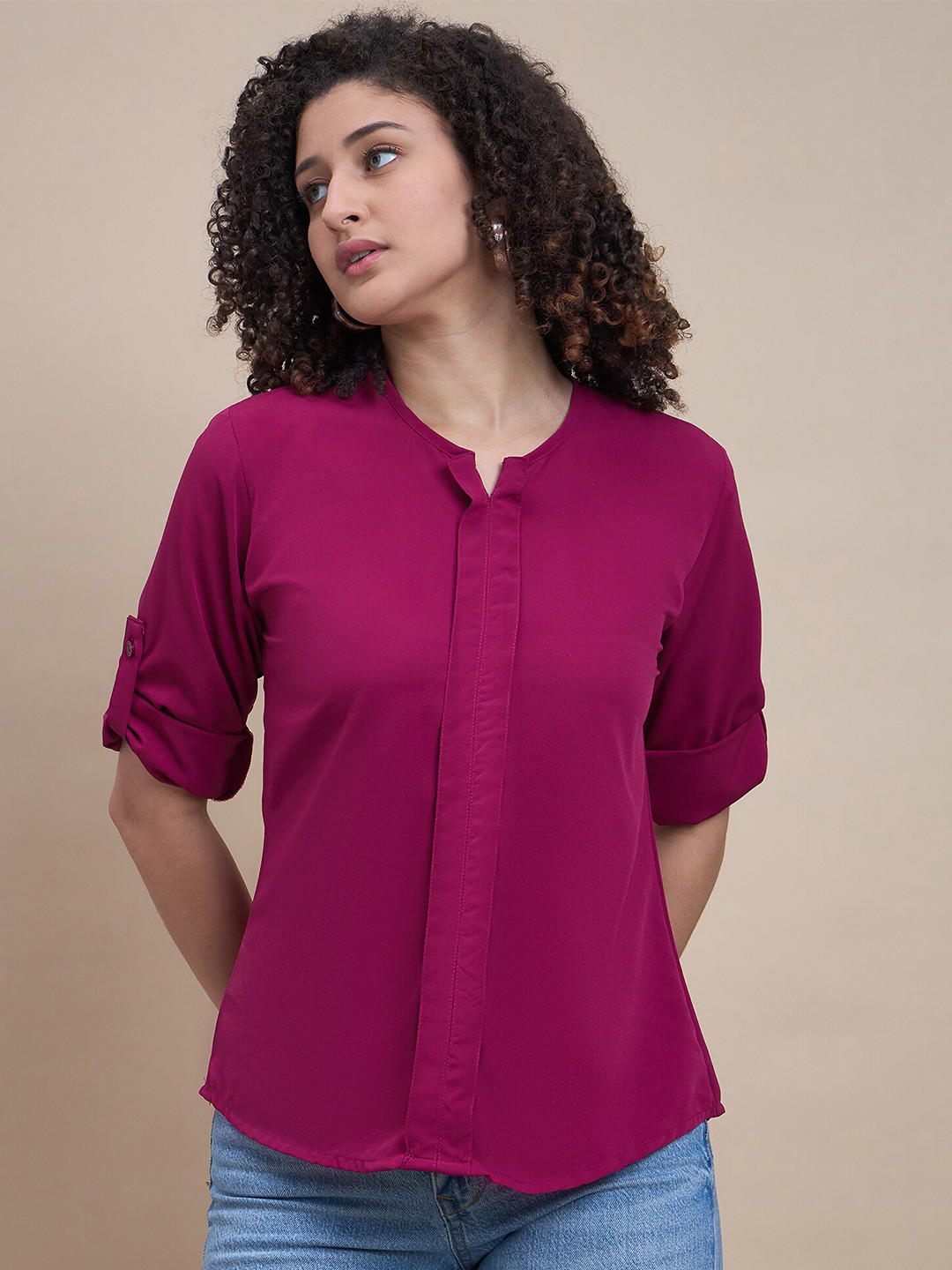 The Roadster Lifestyle Co. Magenta Round-Neck Roll-Up Sleeves Top