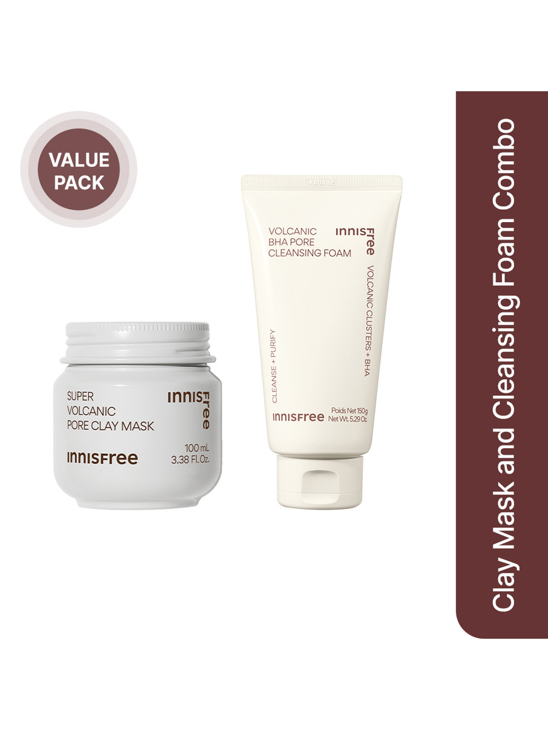 Innisfree Super Volcanic Pore Clay Mask-100ml + Volcanic Pore BHA Cleansing Foam-150g