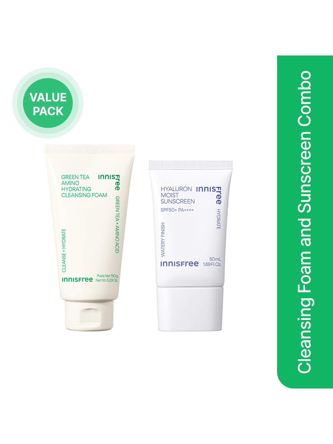 Innisfree Set of Green Tea Cleansing Foam-150g & Hyaluron Moist SPF50+ Sunscreen-50 ml