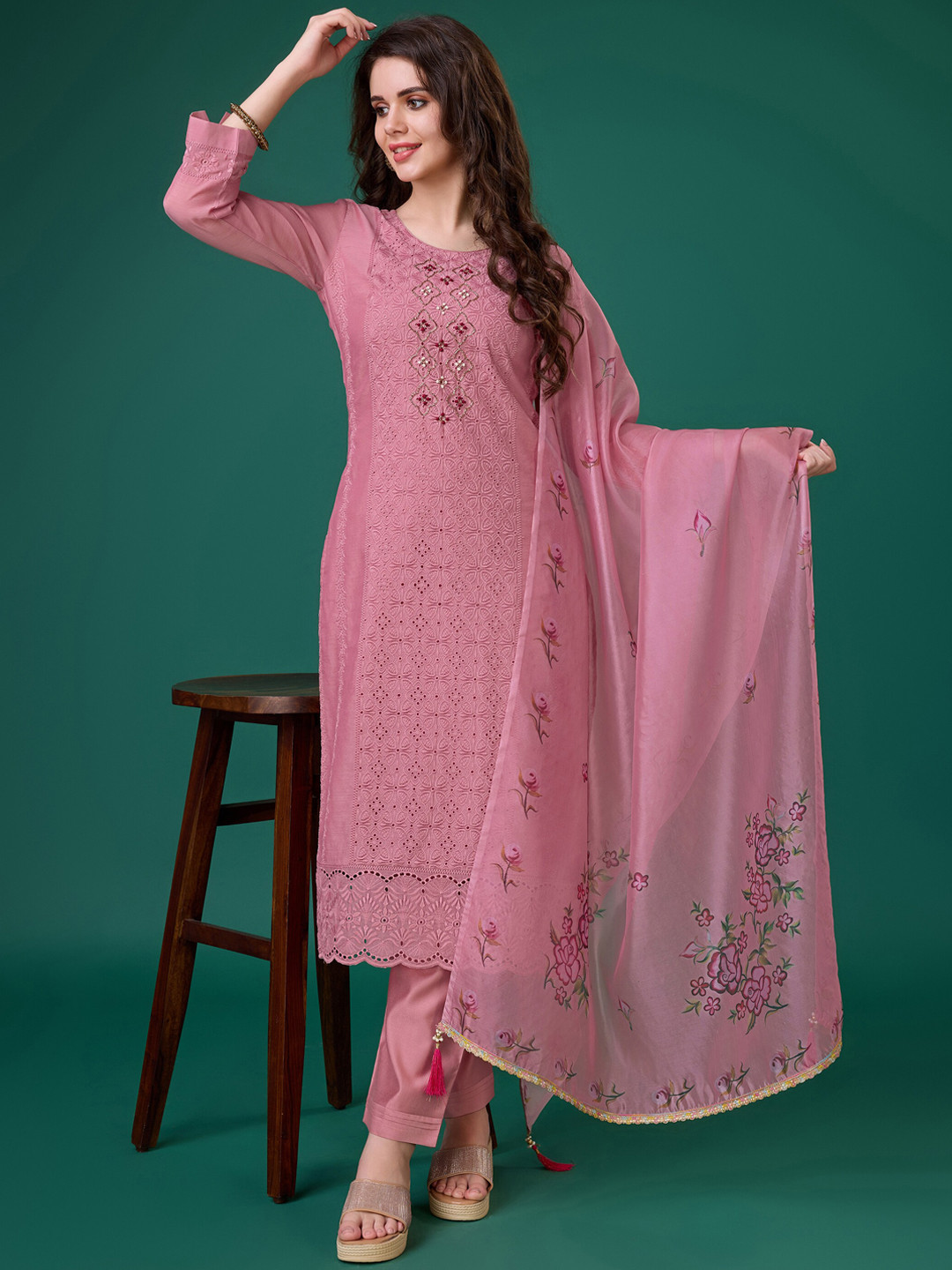 MOJILAA Embroidered Beads & Stones Chanderi Silk Straight Kurta With Trousers & Dupatta