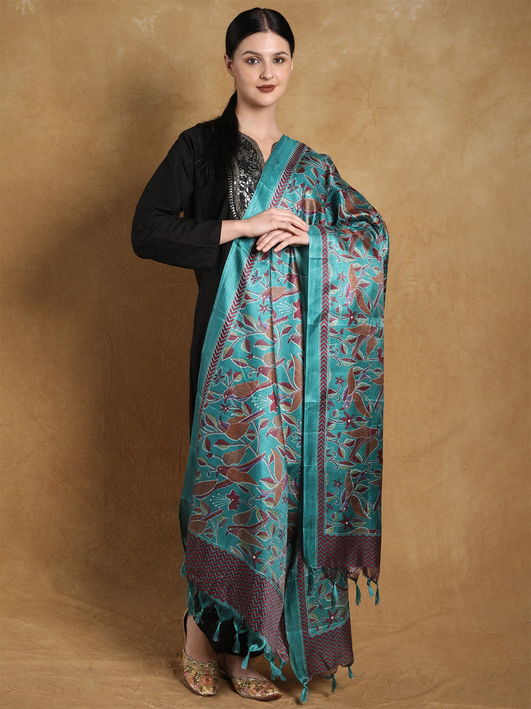 Exotic India Viridian Green Banglori Satin Birds and Leaf Printed Dupatta with Tassels