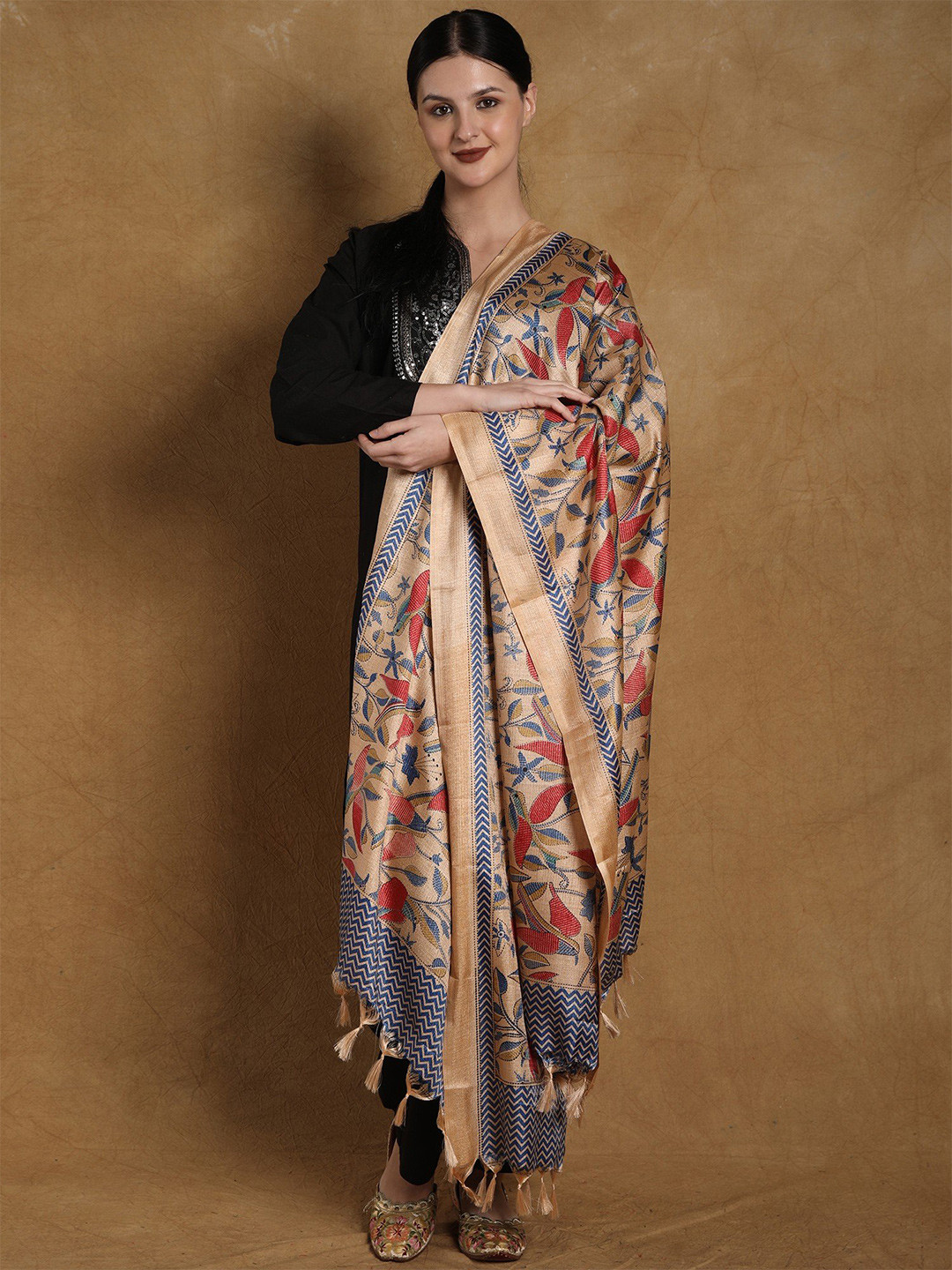 Exotic India Honey Peach Banglori Satin Birds and Leaf Printed Dupatta with Tassels