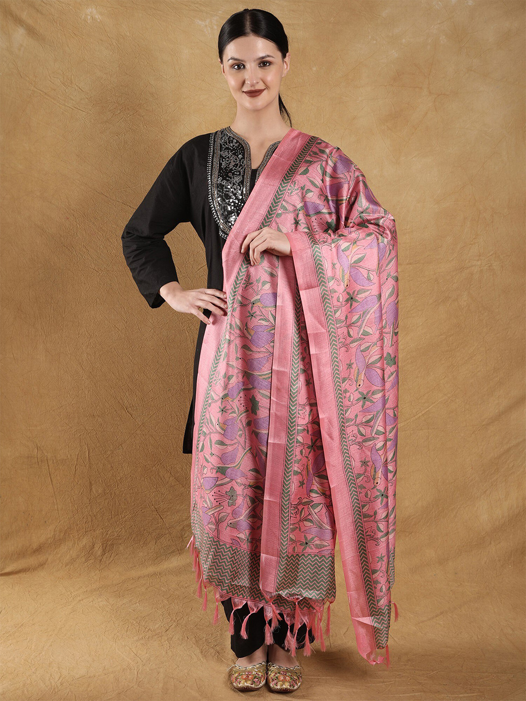 Exotic India Geranium Pink Banglori Satin Birds and Leaf Printed Dupatta with Tassels