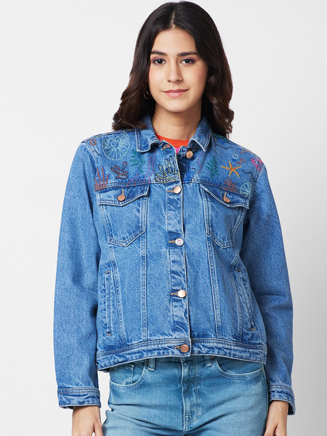 SPYKAR Washed Cotton Denim Jacket with Embroidered