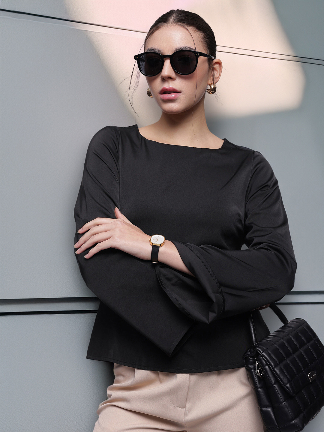 French Connection Flared Sleeve Waist Tie-Up Top