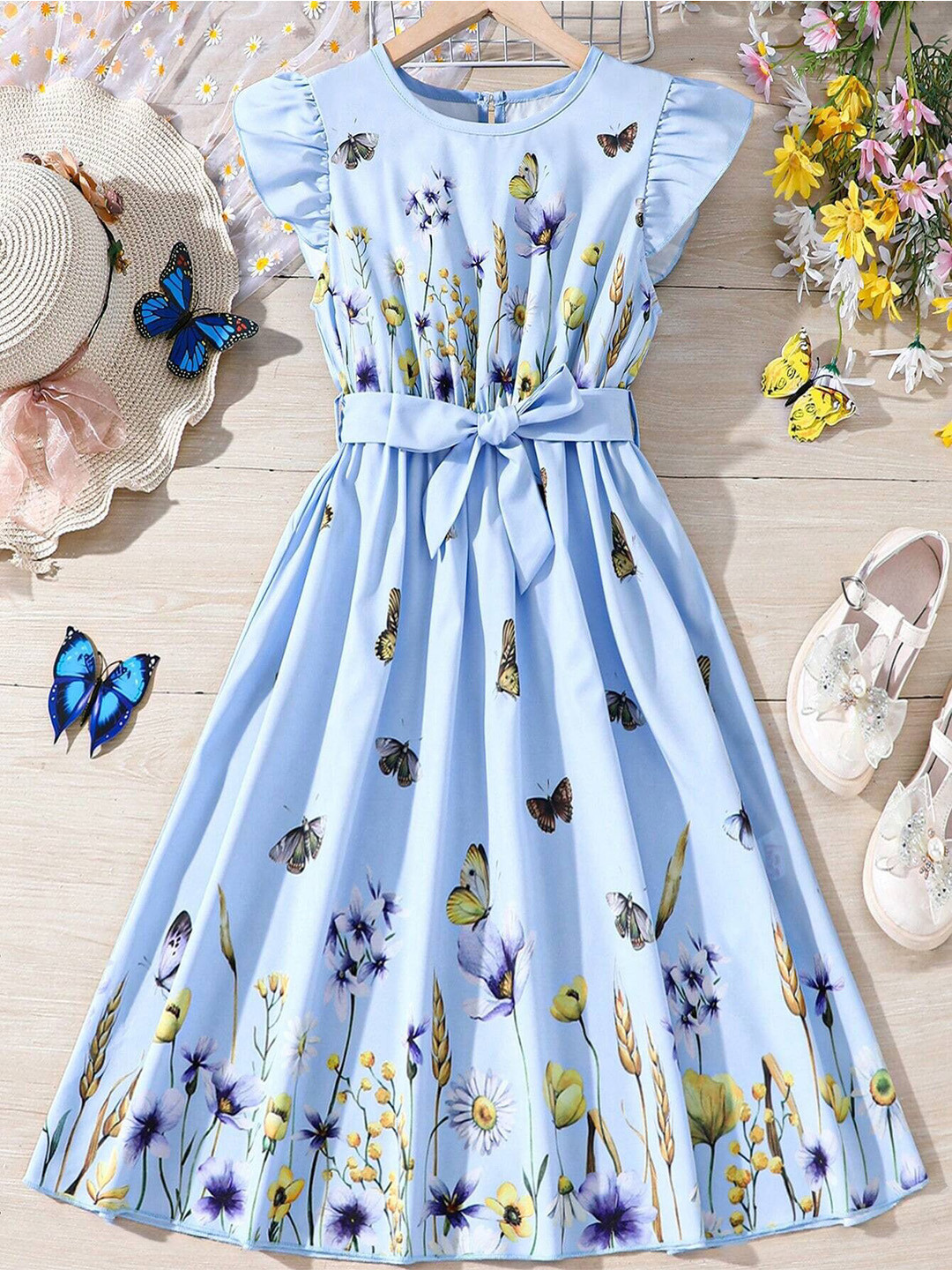 BAESD Girls Floral Printed V-Neck Gathered Detailed Fit & Flare Dress With Belt