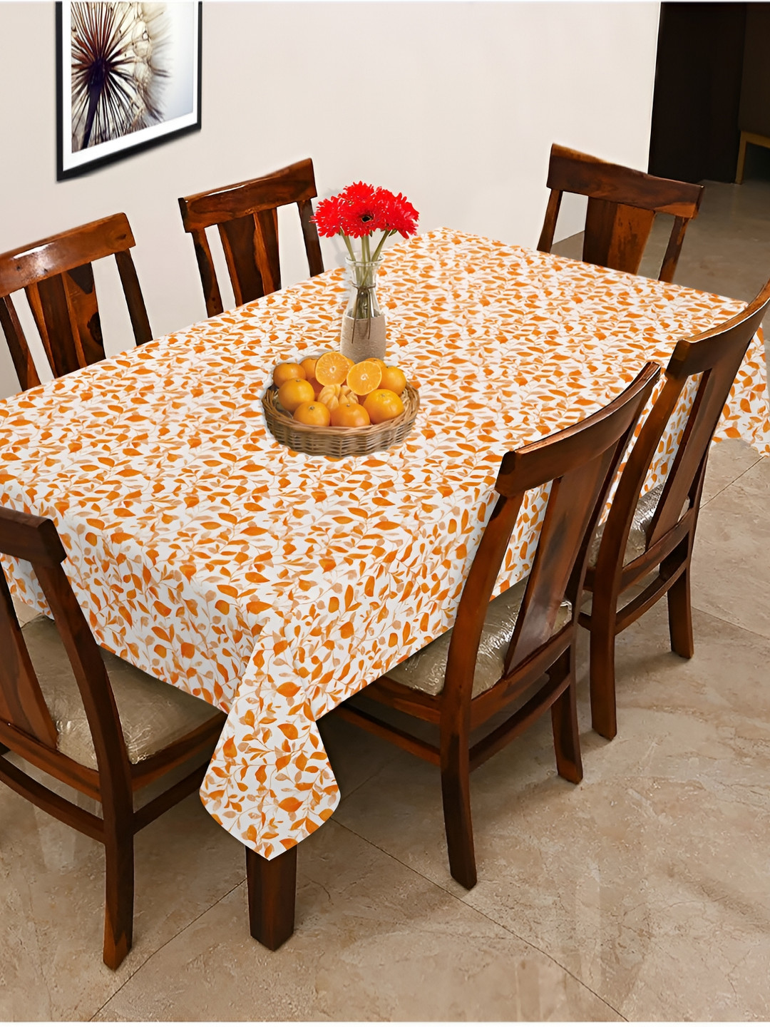 OASIS Orange & White Floral Printed Cotton 6-Seater Table Cover