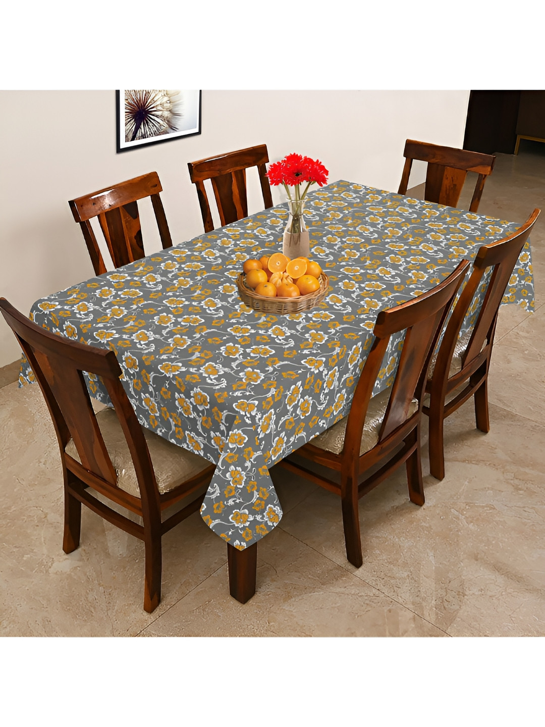 OASIS Grey & Mustard Floral Printed Cotton 6-Seater Table Cover