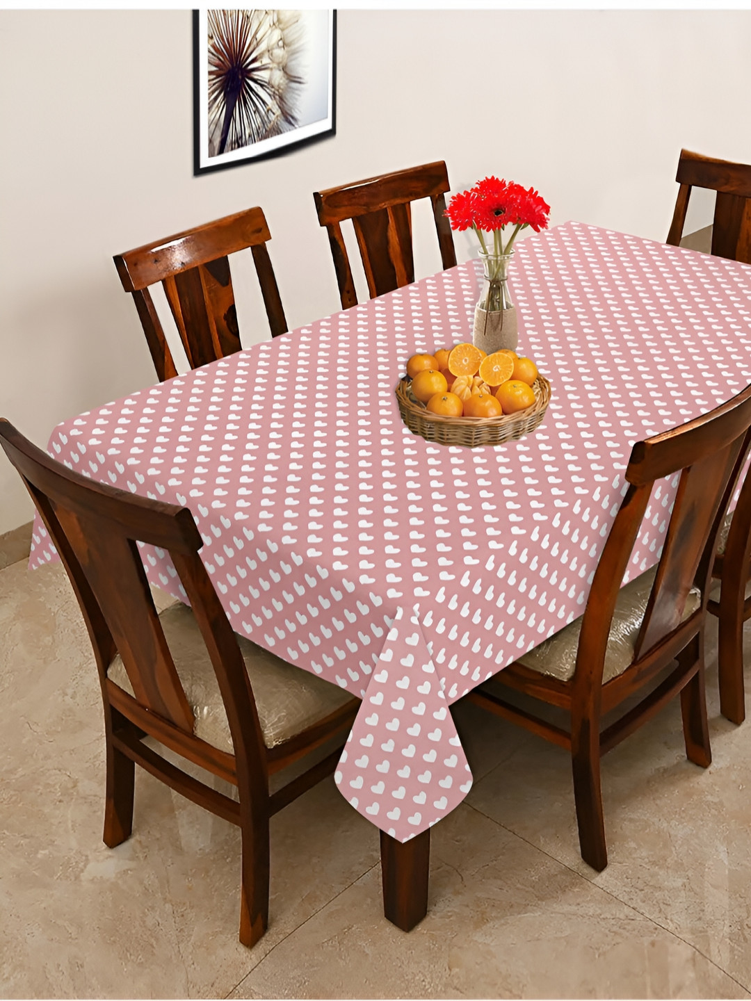 OASIS Pink & White Abstract Printed Cotton Rectangular Shaped 6 Seater Table Cover