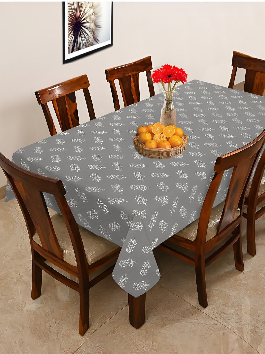 OASIS Grey & White Abstract Printed Rectangular Shaped Cotton 6 Seater Table Cover