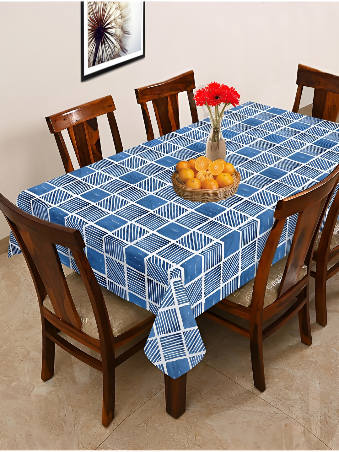 OASIS Blue & White Checked Printed Cotton Rectangular Shaped 6 Seater Table Cover
