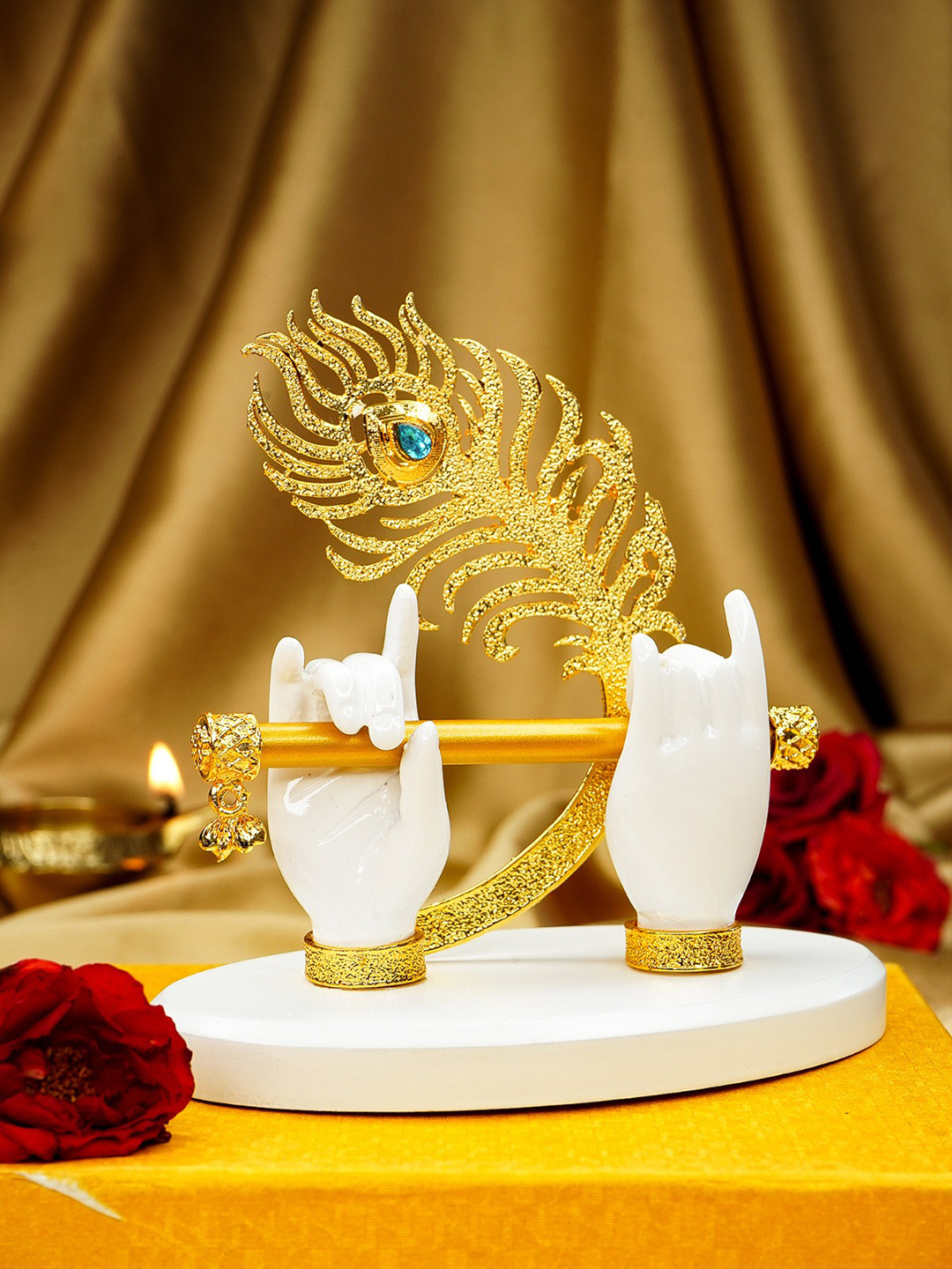 Ekhasa Krishna Flute Hand White Polyresin Glossy Prayer Room Small Showpiece - 3.9 Inches