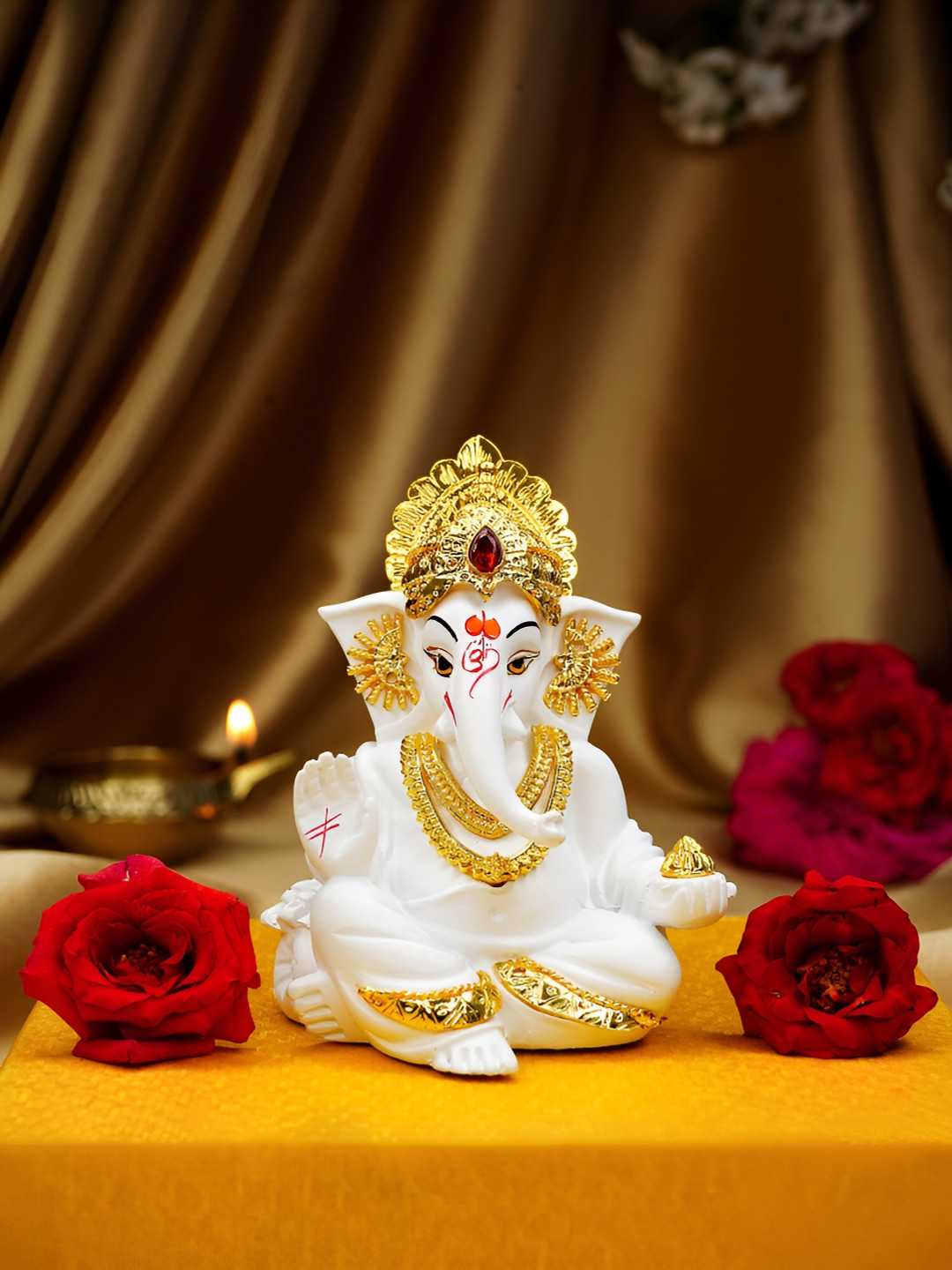 Ekhasa Ganesh White Polyresin Natural Home Office Small Showpiece - 3.9 Inches