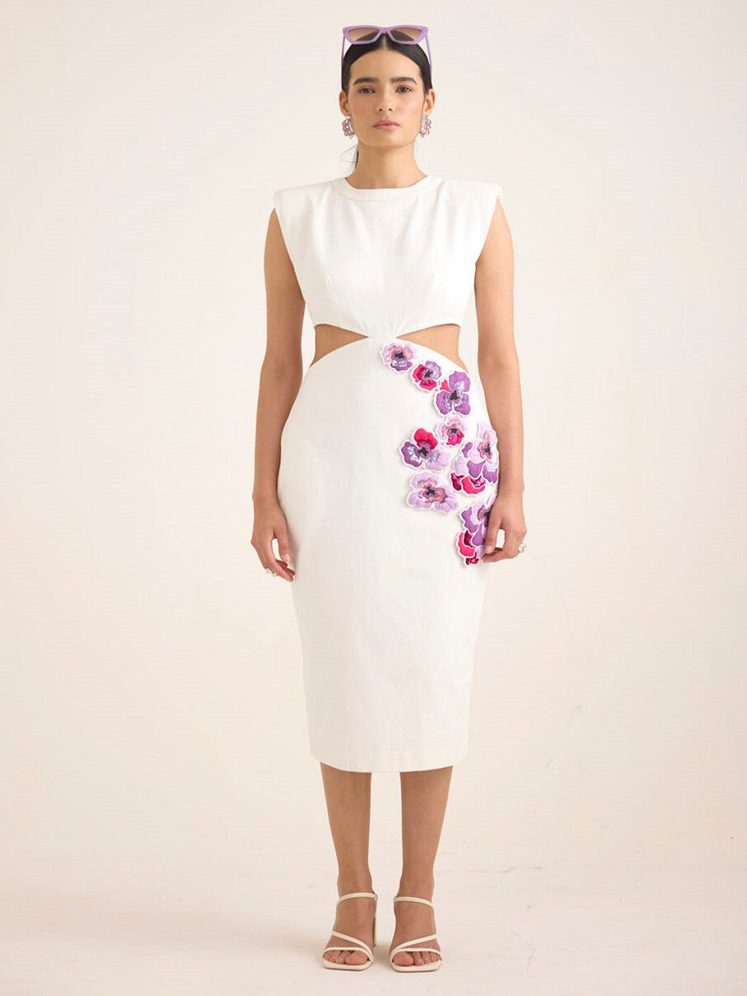 House of Exotique Floral Embroidered Cut Out Denim A-Line Midi Dress