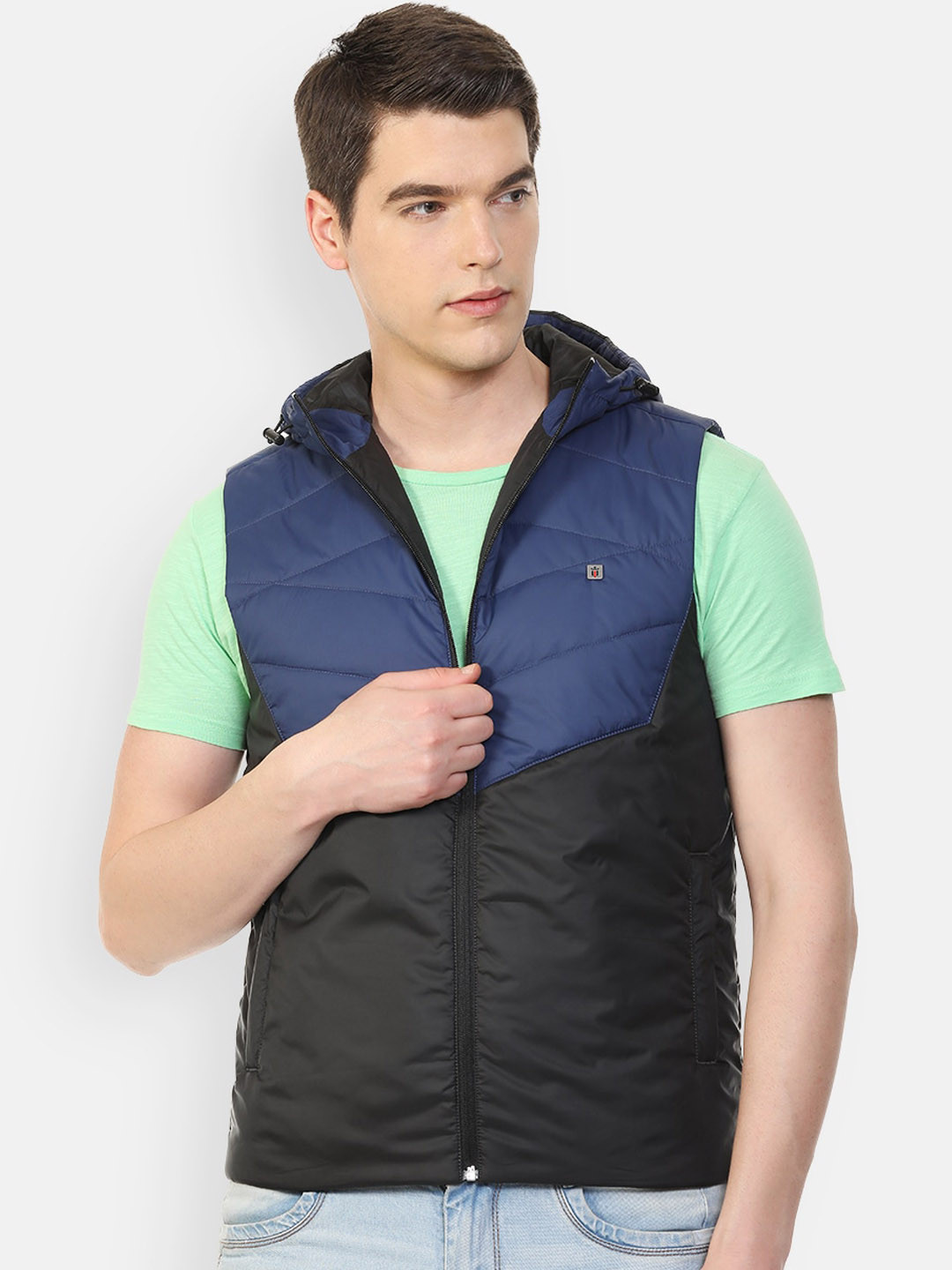 Louis Philippe Sport Hooded Colourblocked Crop Open Front Jacket