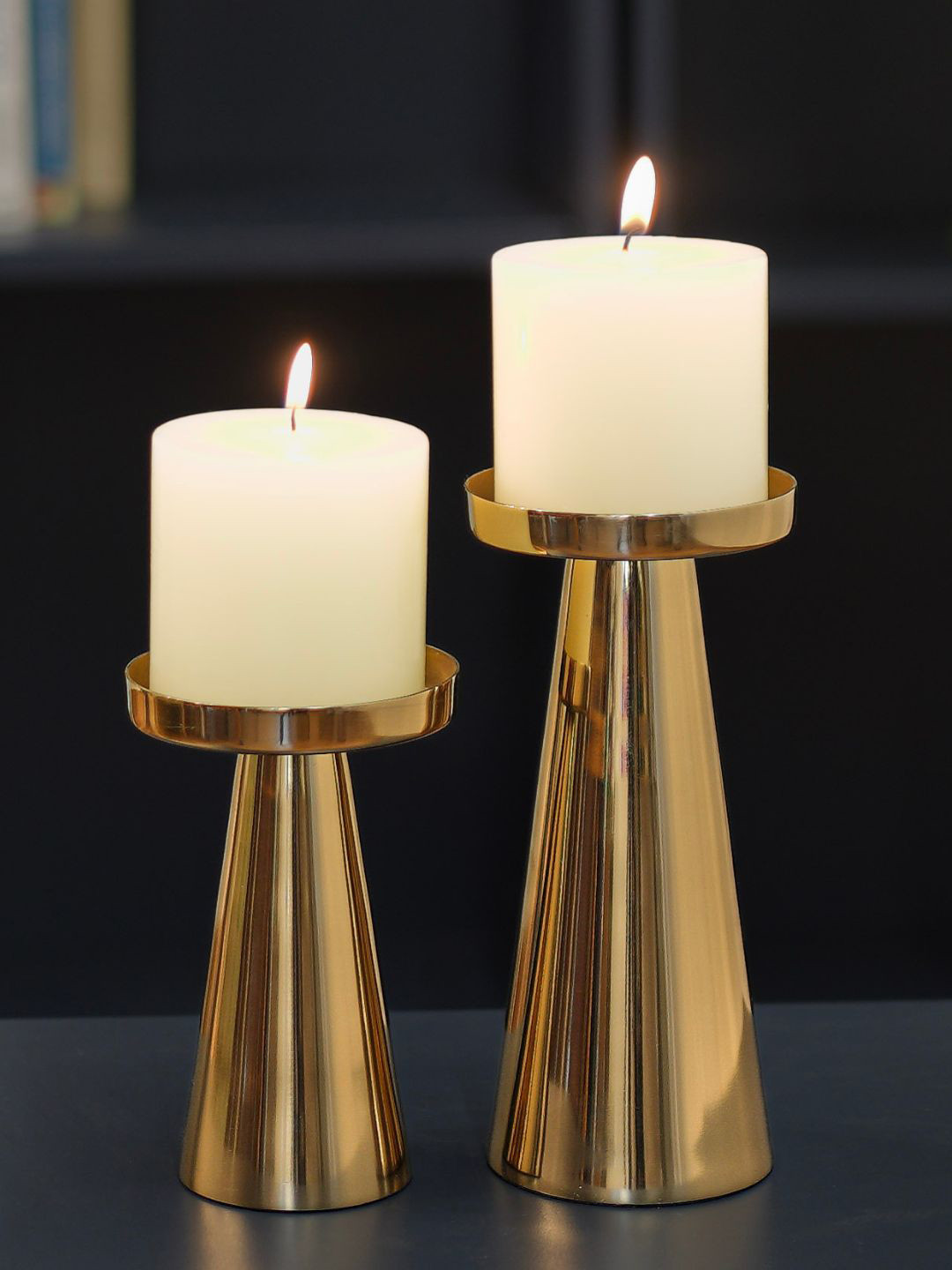 BEHOMA Golssy Gold-Toned 2Pcs Metal Pillar Candle Holders