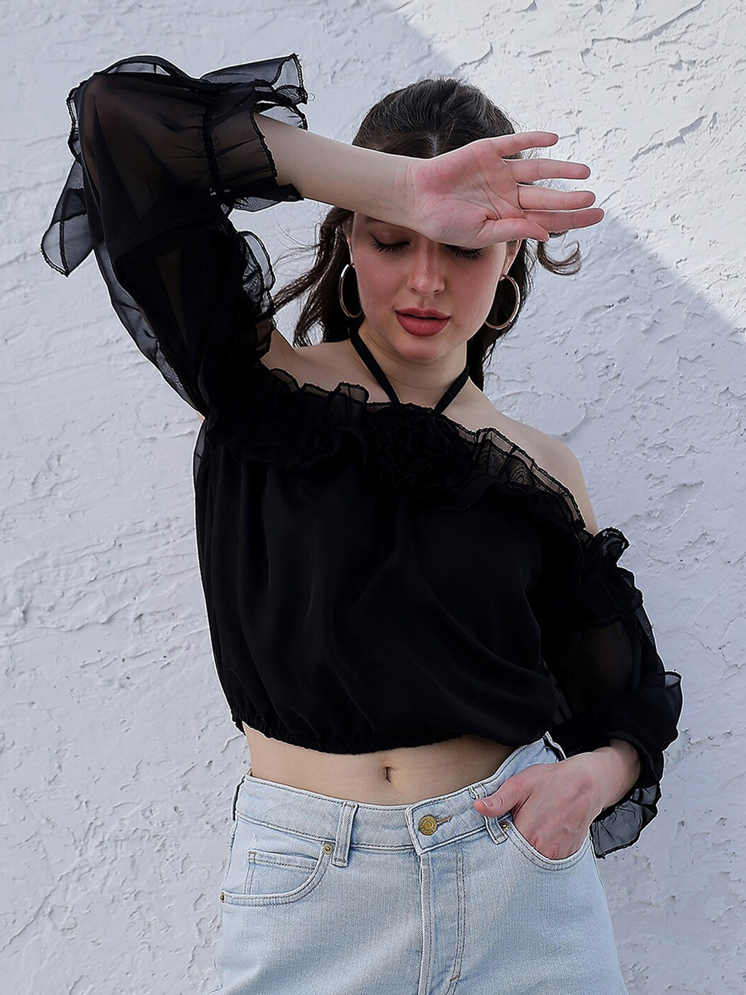 Athena Black Off-Shoulder Puff Sleeves Ruffles Detailed Organza Bardot Crop Top