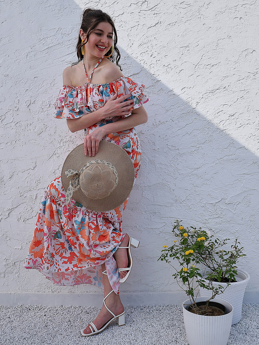 Athena Orange Floral Printed Halter Neck Tiered Gathered Crepe Maxi Midi Dress