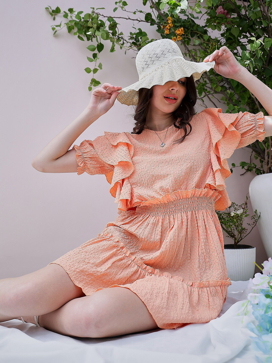 Athena Orange Self Design Round Neck Puff Sleeve Ruffled Seersucker Fit & Flare Dress