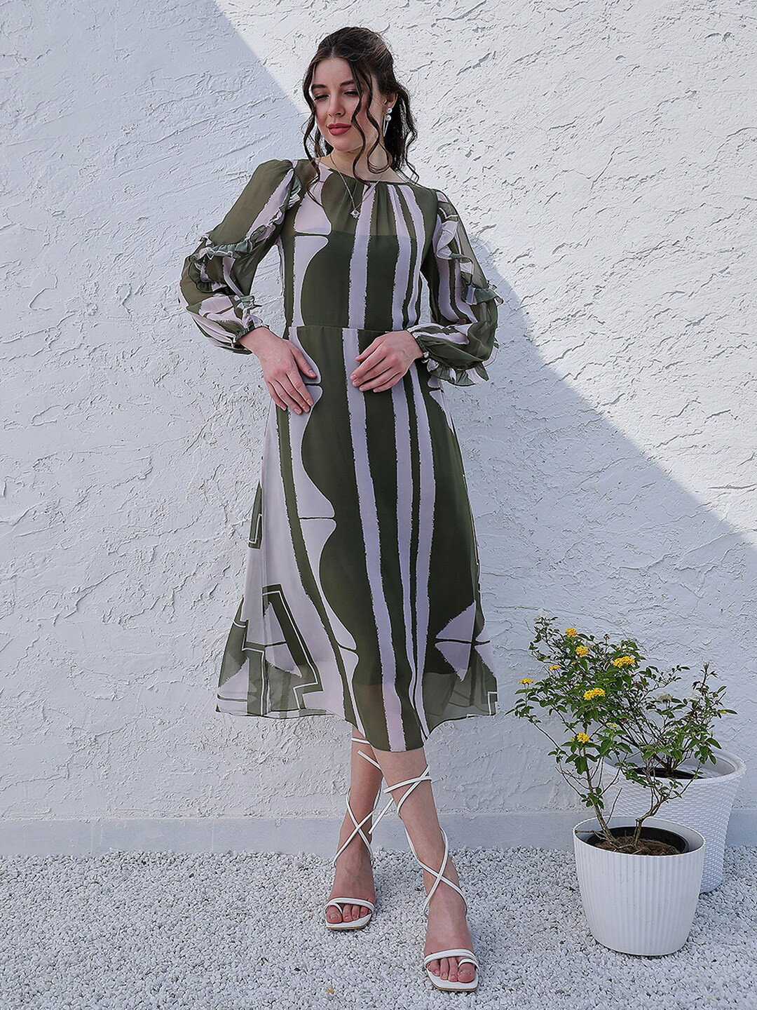 Athena Green Striped Puff Sleeve Ruffled Georgette A-Line Midi Dress
