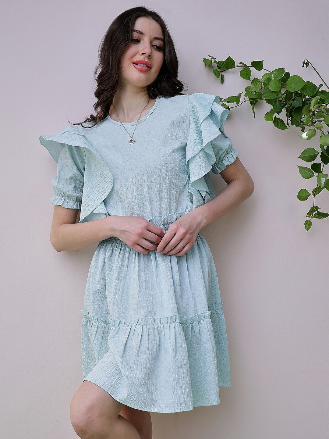 Athena Green Self Design Round Neck Puff Sleeve Ruffled Seersucker Fit & Flare Dress