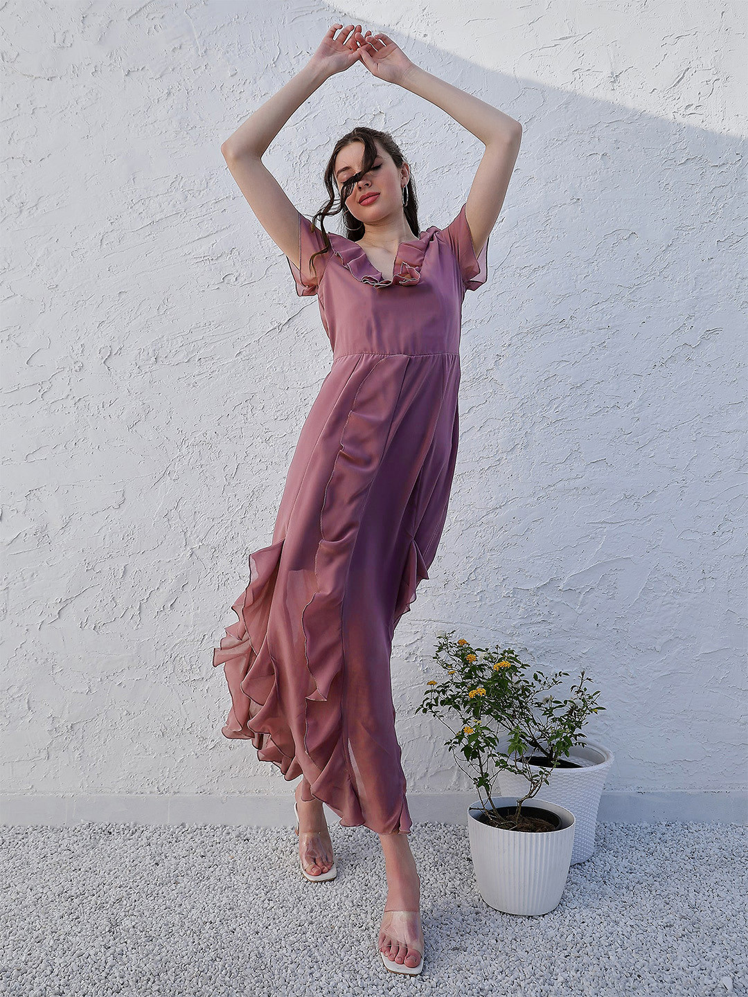 Athena Mauve V-Neck Flared Sleeve Ruffled Georgette Maxi Dress