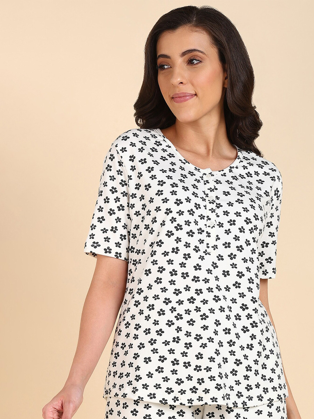 House Of Zelena Floral Printed Round Neck Pure Cotton Maternity Lounge T-shirt