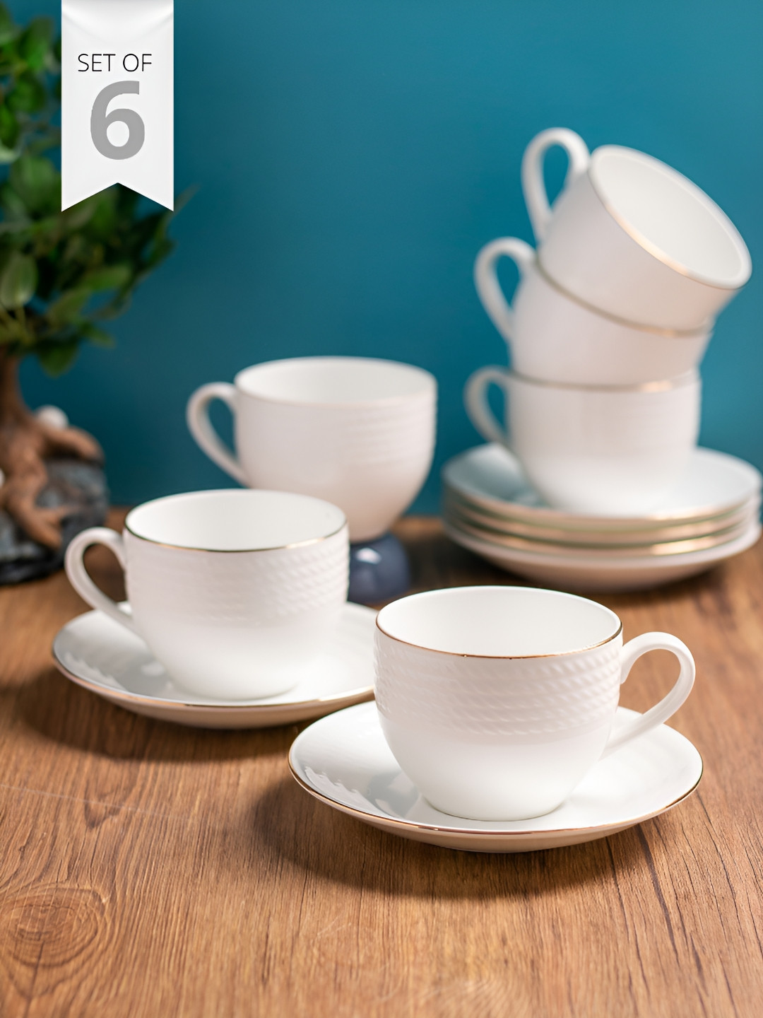 CLAY CRAFT Rope White Textured Ceramic Glossy Easy to Clean Cups And Saucers 240ml Each